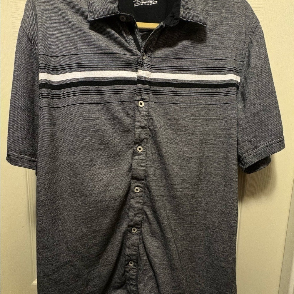 Alfani Mens Short Sleeve Button Down Shirt Gray Stripe Casual